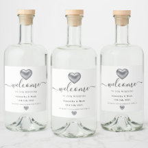 Simple Modern Silver Heart Wedding Wine Label