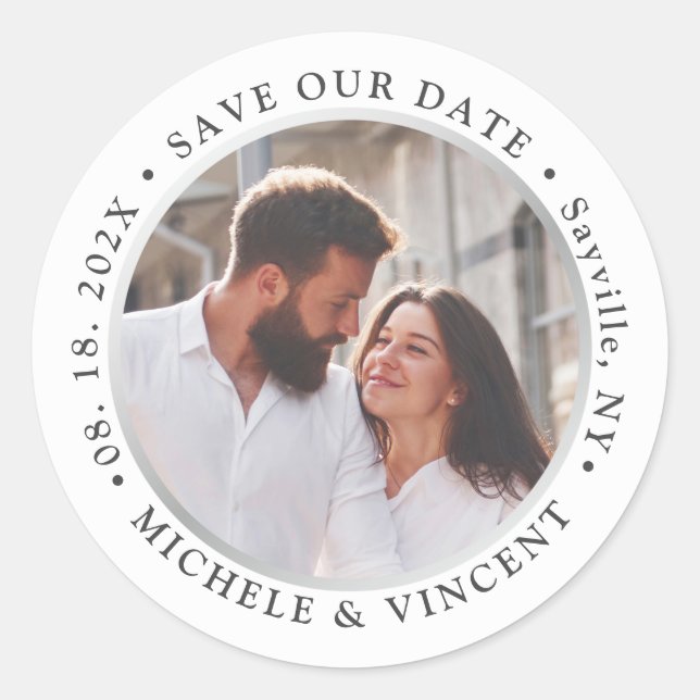 Simple Modern Silver Photo Save The Date Classic Round Sticker (Front)