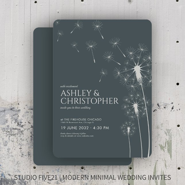Simple Modern Slate Grey Dandelion Wedding Invitation (Creator Uploaded)