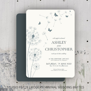 Simple Modern Slate Grey Dandelion Wedding Invitation