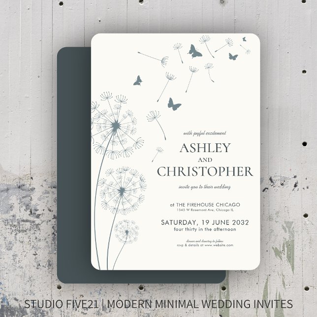 Simple Modern Slate Grey Dandelion Wedding Invitation (Creator Uploaded)