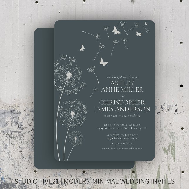 Simple Modern Slate Grey Dandelion Wedding Invitation (Creator Uploaded)