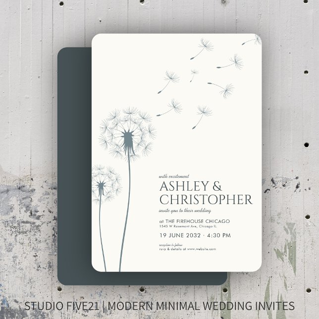 Simple Modern Slate Grey Dandelion Wedding Invitation (Creator Uploaded)