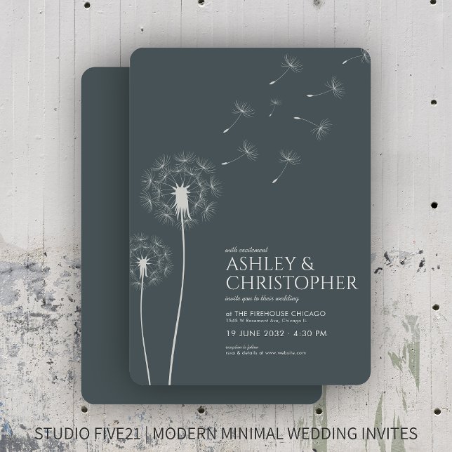 Simple Modern Slate Grey Dandelion Wedding Invitation (Creator Uploaded)