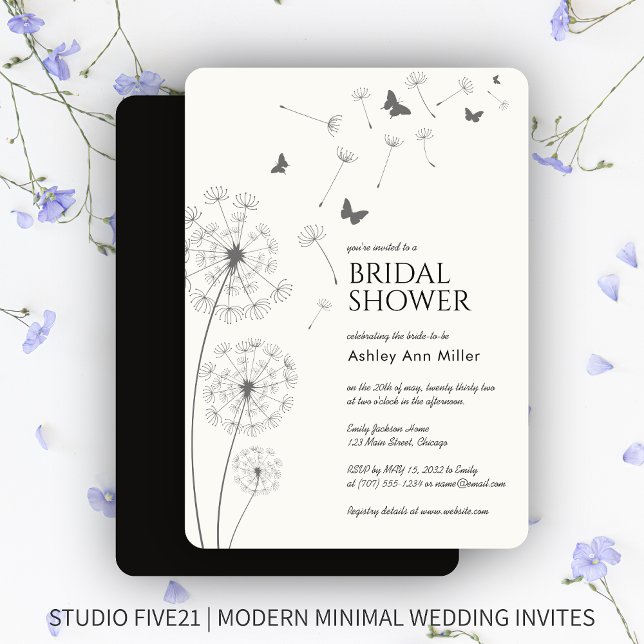 Simple Modern Smoke Black Dandelion Bridal Shower Invitation (Creator Uploaded)