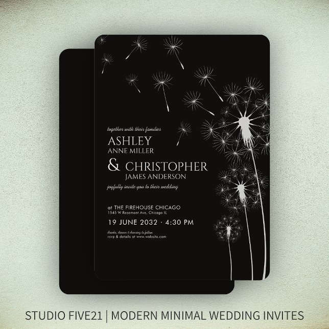 Simple Modern Smoke Black Dandelion Wedding Invitation (Creator Uploaded)