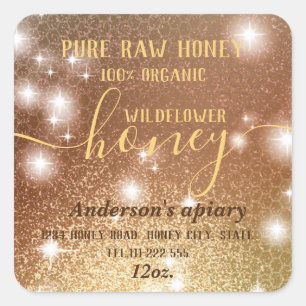 Simple modern sparkle gold honey comb honey jar square sticker