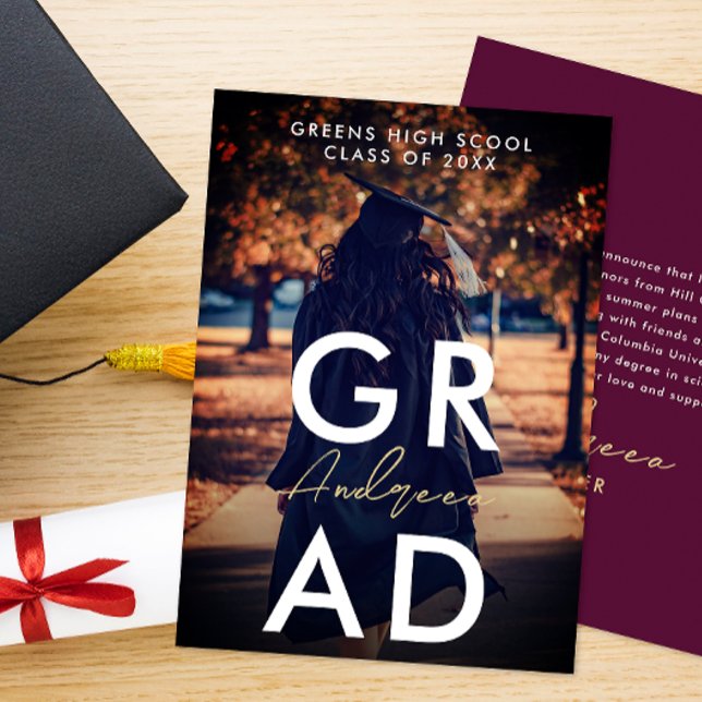 Simple Modern Stylish Burgundy Graduation Photo  Announcement (Creator Uploaded)