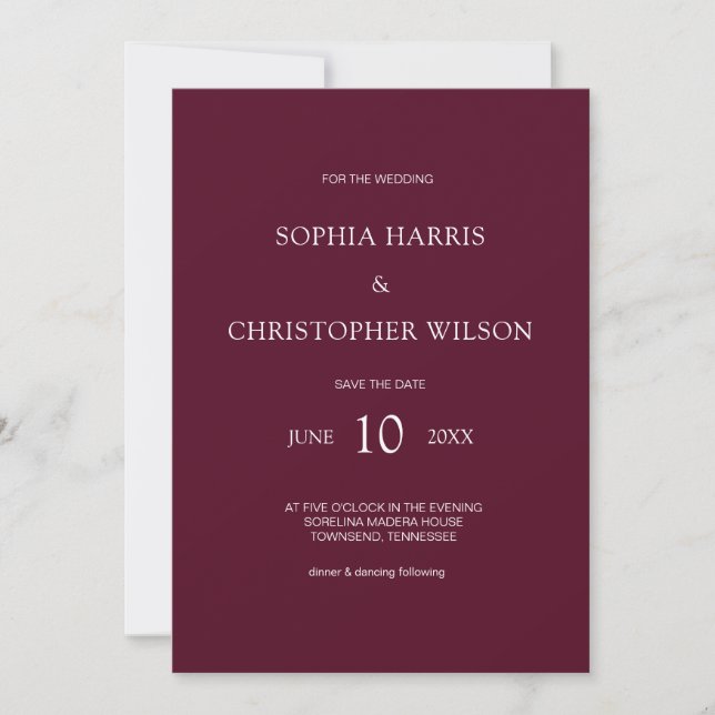 Simple Modern Stylish Burgundy Wedding Invitation (Front)