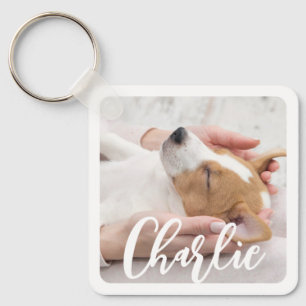 Simple Modern Stylish Dog Name 2 Photo Key Ring
