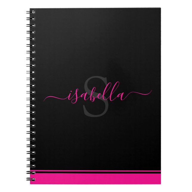 Simple Modern Stylish Monogrammed Hot Pink Black Notebook (Front)