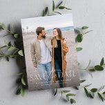Simple modern stylish vertical two photo save the date<br><div class="desc">This simple but stylish photo save the date card is the perfect way to announce your engagement and upcoming wedding to friends and family. The front of this vertical save the date features a modern type treatment in white at the bottom of a single photo. The back is a chic...</div>