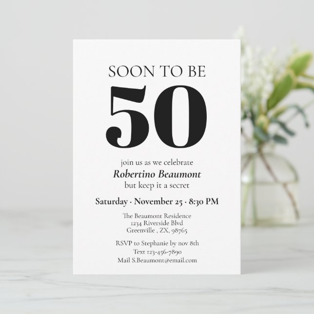 Simple Modern Surprise 50th Birthday Party Invitation (Standing Front)