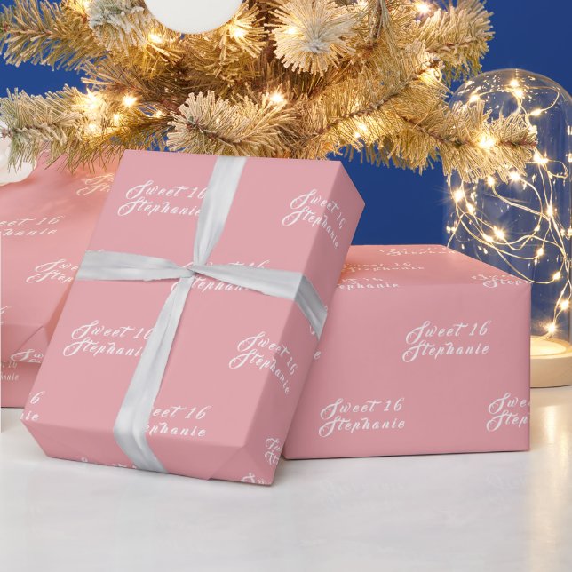 Simple Modern Sweet 16 Name Pink Sixteen Name Wrapping Paper (Holidays)