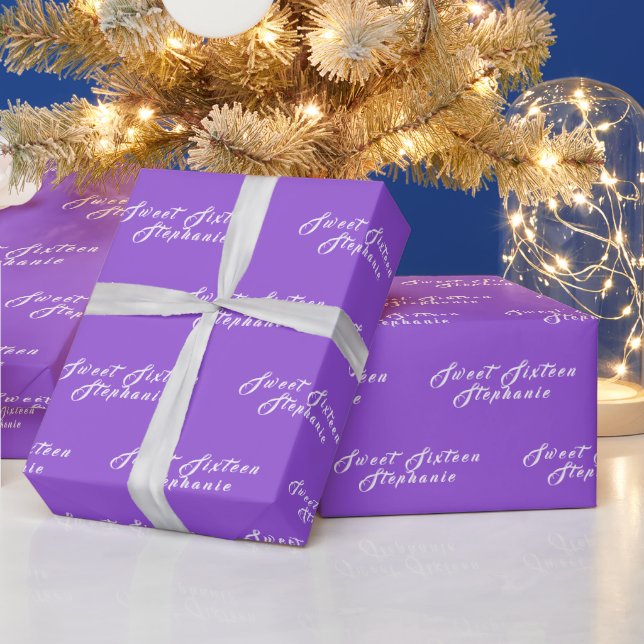 Simple Modern Sweet 16 Name Purple Sixteen Name Wrapping Paper (Holidays)