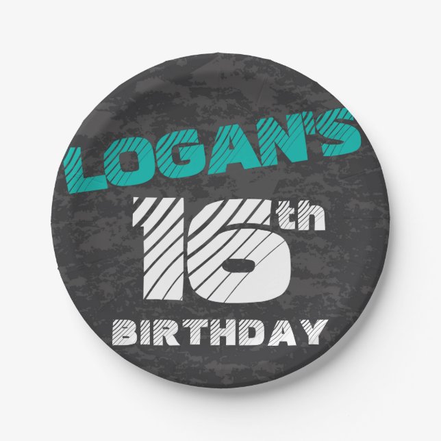 Simple Modern Teal & Black Teen Boy Birthday Paper Plate (Front)
