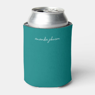 Simple Modern Teal Blue Cursive Monogram Can Cooler