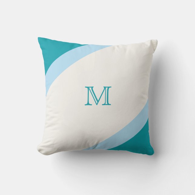 Simple Modern Teal Blue Striped Monogram Cushion (Front)
