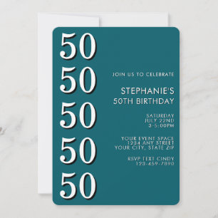 Simple Modern Teal Milestone 50th Birthday Invitation