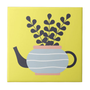 Simple modern teapot with plant pastel ceramic tile