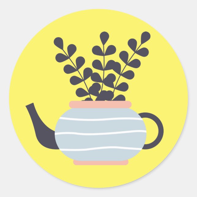 Simple modern teapot with plant pastel classic round sticker (Front)