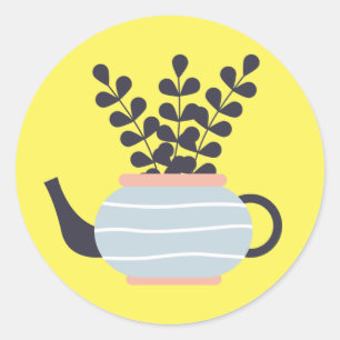 Simple modern teapot with plant pastel classic round sticker