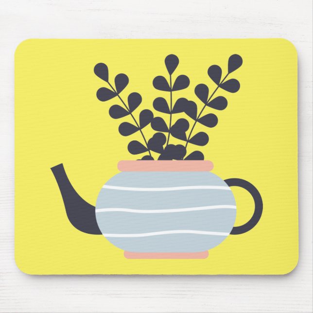Simple modern teapot with plant pastel mouse pad (Front)