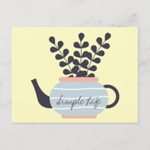 Simple modern teapot with plant pastel postcard