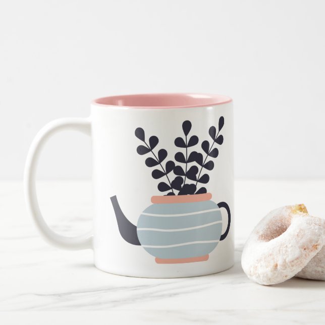 Simple modern teapot with plant pastel Two-Tone coffee mug (With Donut)