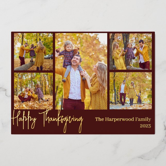 Simple Modern thanksgiving family photo collage Foil Holiday Card (Front)