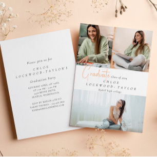 Simple modern three photo peach graduation  invitation