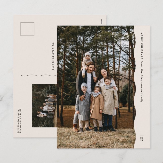Simple modern two-photo wavy edge Christmas Holiday Postcard (Front/Back)
