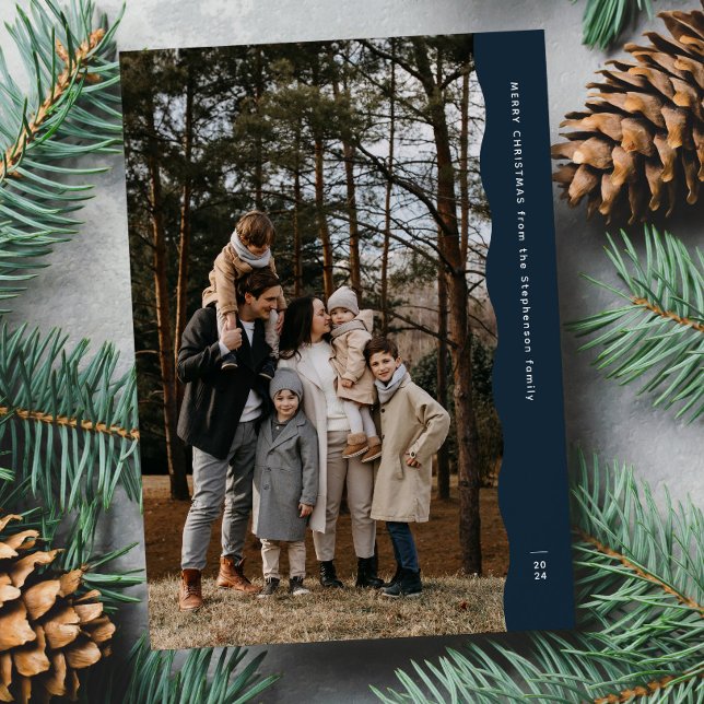 Simple modern two photo wavy edge navy Christmas Holiday Card (Creator Uploaded)