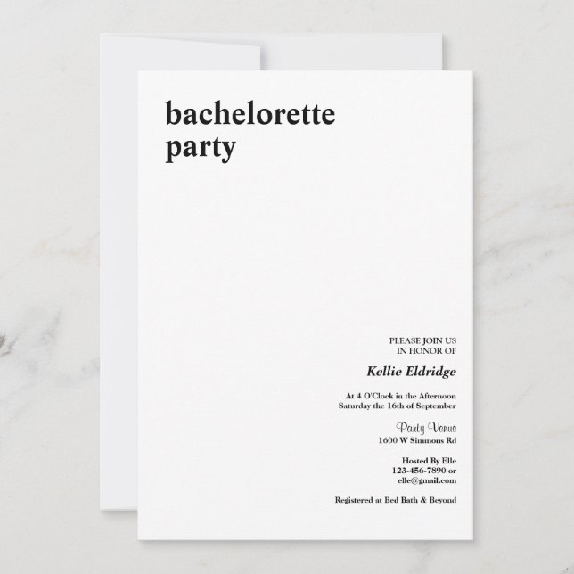 Simple Modern Type Bachelorette Party Invitation (Front)