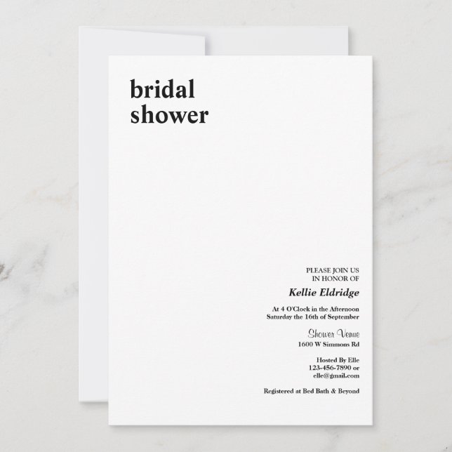 Simple Modern Type Bridal Shower Invitation (Front)