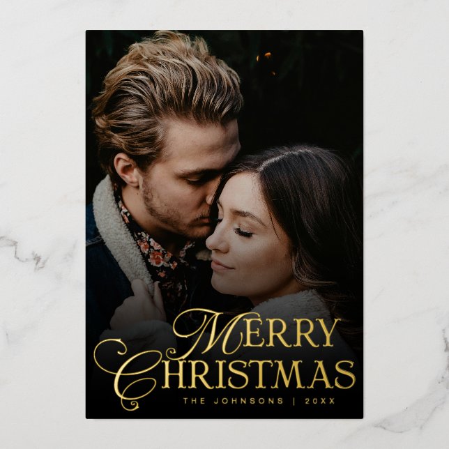 Simple Modern Typography 1 Photo Gold Christmas Foil Holiday Card (Front)