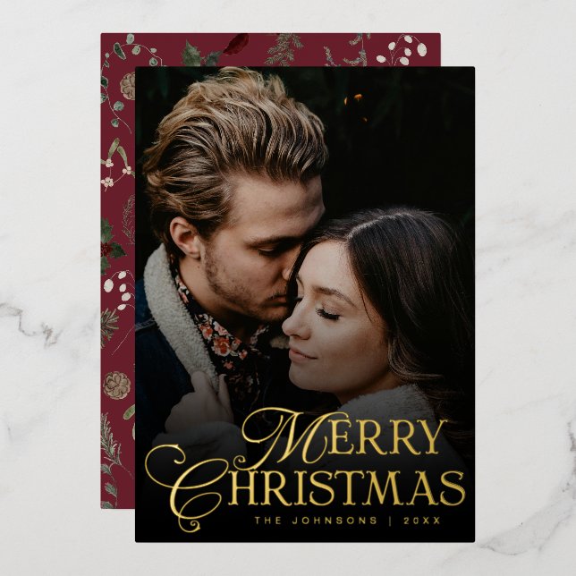 Simple Modern Typography 1 Photo Gold Christmas Foil Holiday Card (Front/Back)