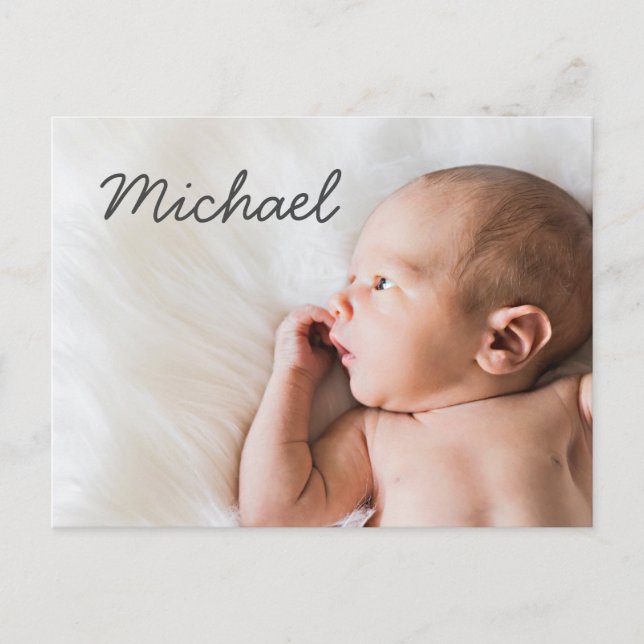 Simple Modern Typography Baby boy Name Photo Birth Announcement Postcard (Front)