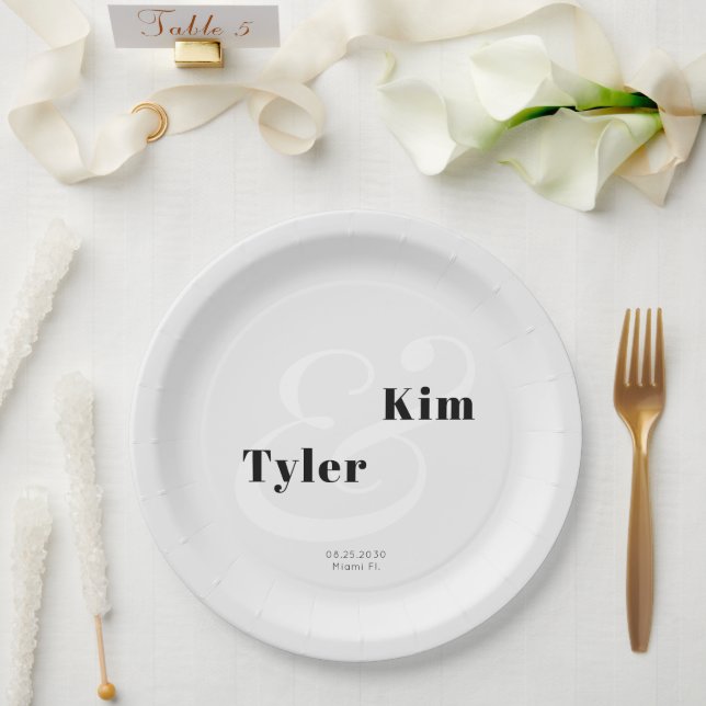Simple modern typography bride and groom wedding paper plate (Wedding)