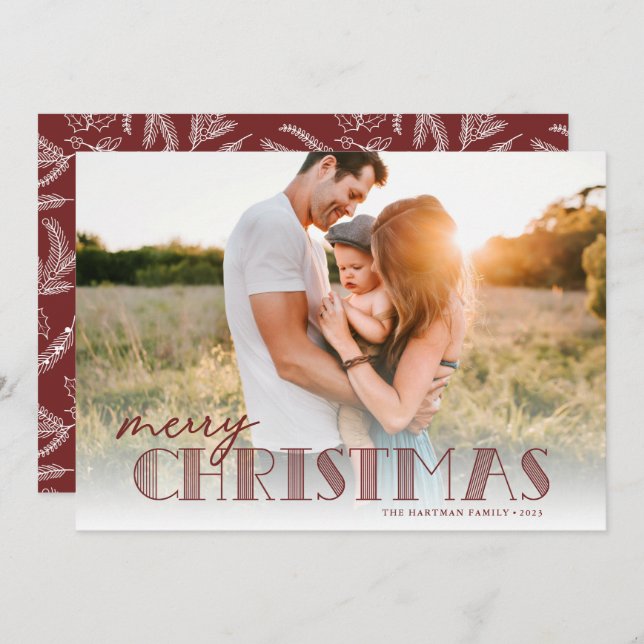 Simple Modern Typography Burgundy Christmas Photo Holiday Card (Front/Back)