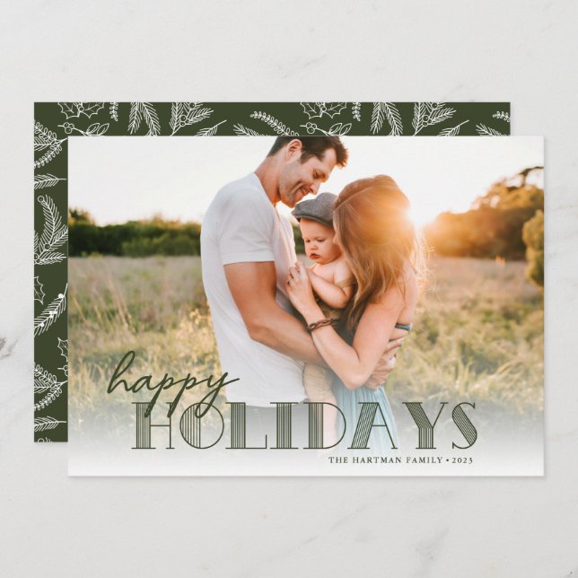 Simple Modern Typography Olive Happy Photo Holiday Card (Front/Back)