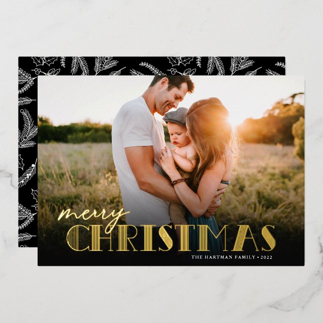 Simple Modern Typography Photo Christmas Foil Holiday Card (Front/Back)