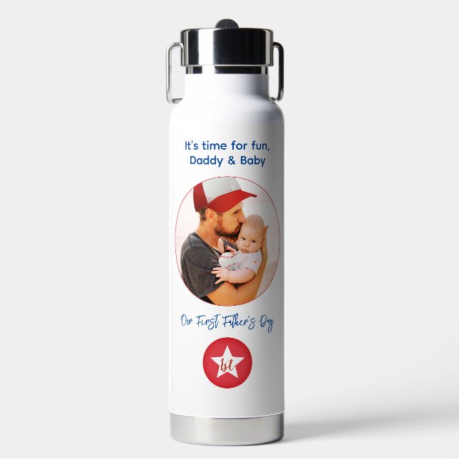 Simple Modern Typography Photo First Fathers Day Water Bottle (Front)