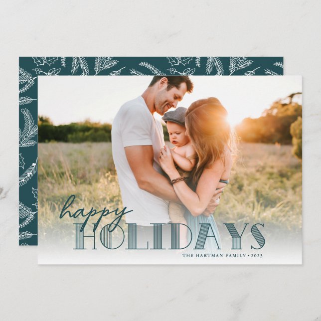 Simple Modern Typography Teal Happy Photo Holiday Card (Front/Back)