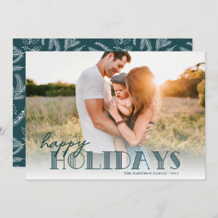 Simple Modern Typography Teal Happy Photo Holiday Card