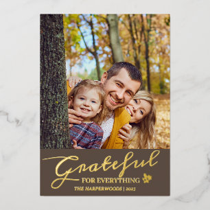 Simple Modern Typography thanksgiving family photo Foil Holiday Card