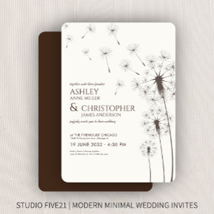 Simple Modern Walnut Brown Dandelion Wedding Invitation