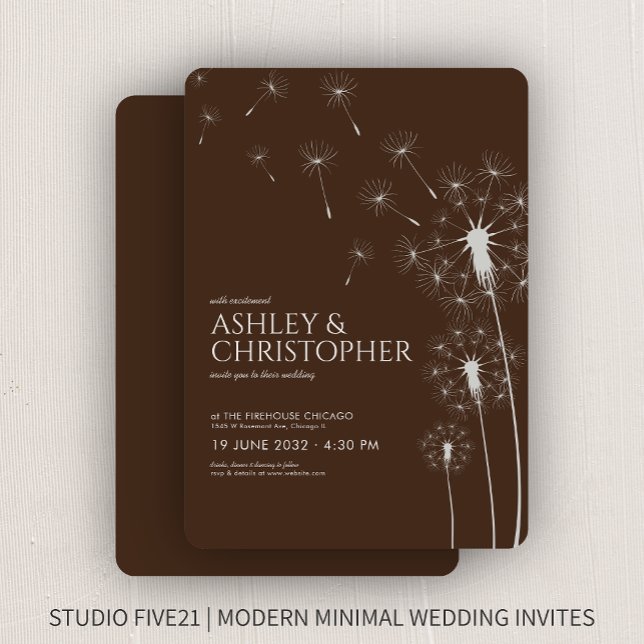 Simple Modern Walnut Brown Dandelion Wedding Invitation (Creator Uploaded)