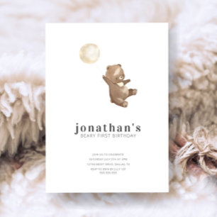 Simple Modern Watercolor Bear 1st Birthday Invitation