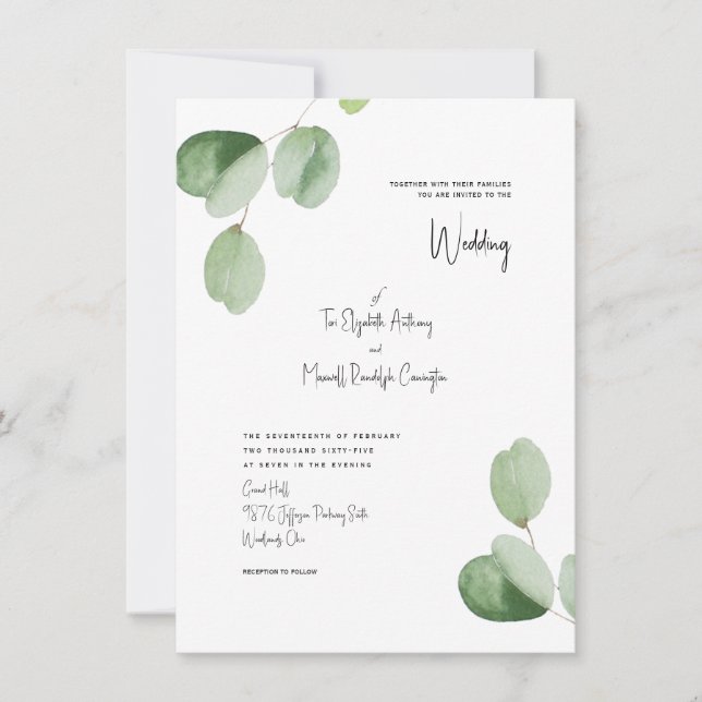 Simple Modern Watercolor Botancial Wedding Invitation (Front)